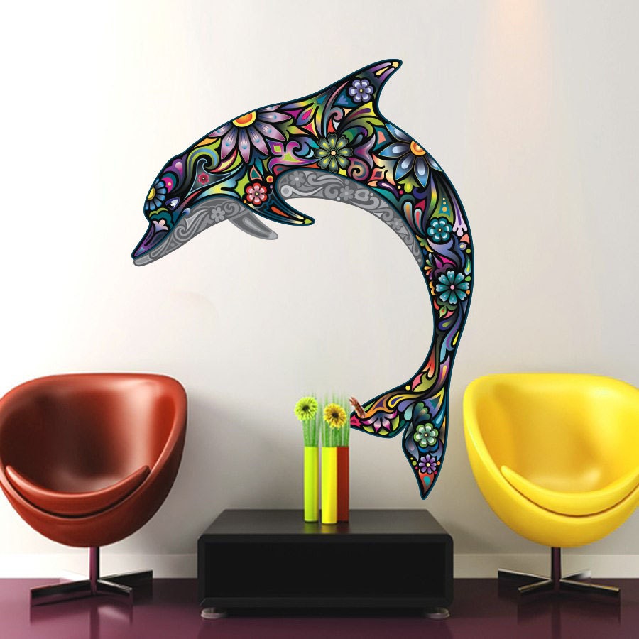 Abstract Dolphin Wall Decals Full Color Dolphin Decal Colorful