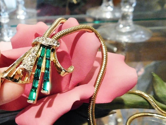 COROCRAFT Coro Craft Necklace Choker Art Deco Rhinestone Emerald Green Baguette Pave Crystals 1930s Vintage Snake Chain Rat Tail Gold Plated