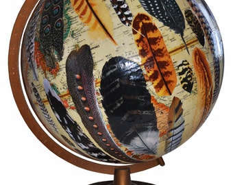 Vintage Globe with Decoupaged Feathers