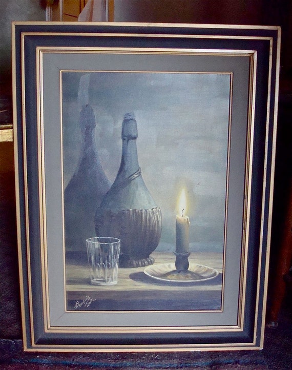 Vintage Greek Still Life Original Oil Painting Wine Bottle