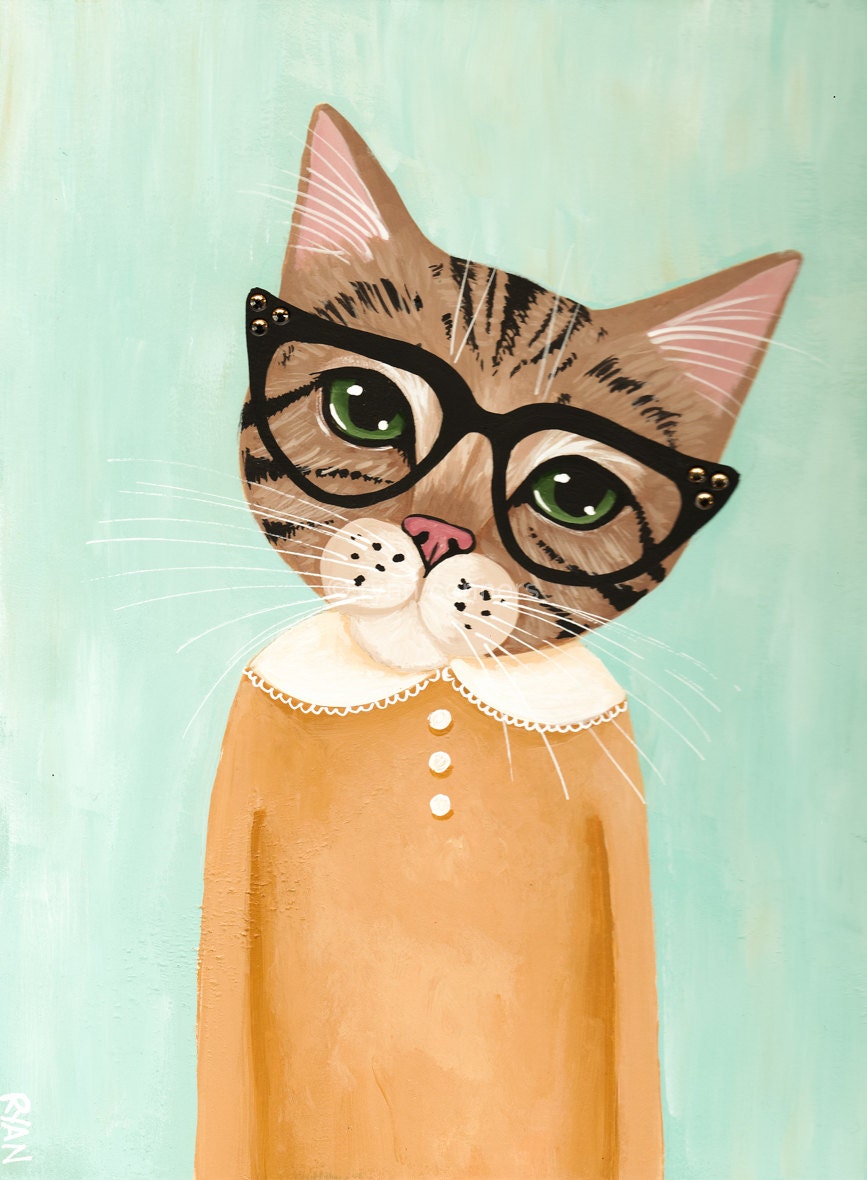 Download Brown Tabby in Glasses Original Cat Folk Art Painting