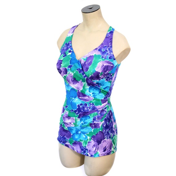 70s Swimsuit Roxanne Blue Purple Floral by MorningGlorious on Etsy
