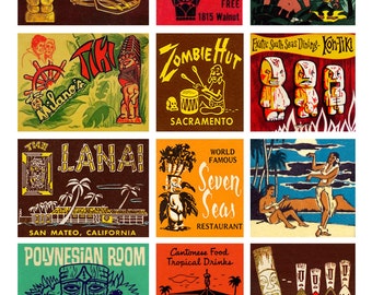TIKI ROOM - Digital Printable Collage Sheet - Vintage Tiki Matchbook Covers, Polynesian Culture, Easter Island Statues, Digital Download