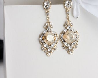 Gold Crystal Bridal Earrings Golden Shadow Crystal Rhinestone Champagne Wedding Earrings ESTELLA
