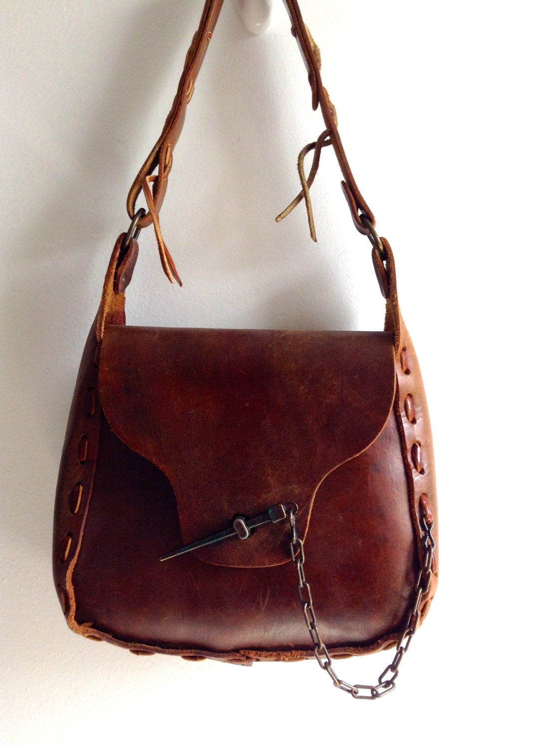 Vintage leather Hippie Bag Purse. Hand made with spike metal