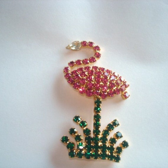 Vintage Jewelry Pink Flamingo Rhinestone Brooch by sanibelsands