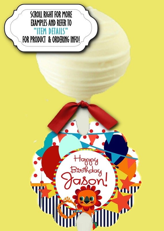 12 Cake Pop Tags, Sucker or Lollipop Tags, Birthday, Circus, Big Top, Carnival Theme, Lion, Balloons, Red, Blue, Green, Yellow Il_570xn