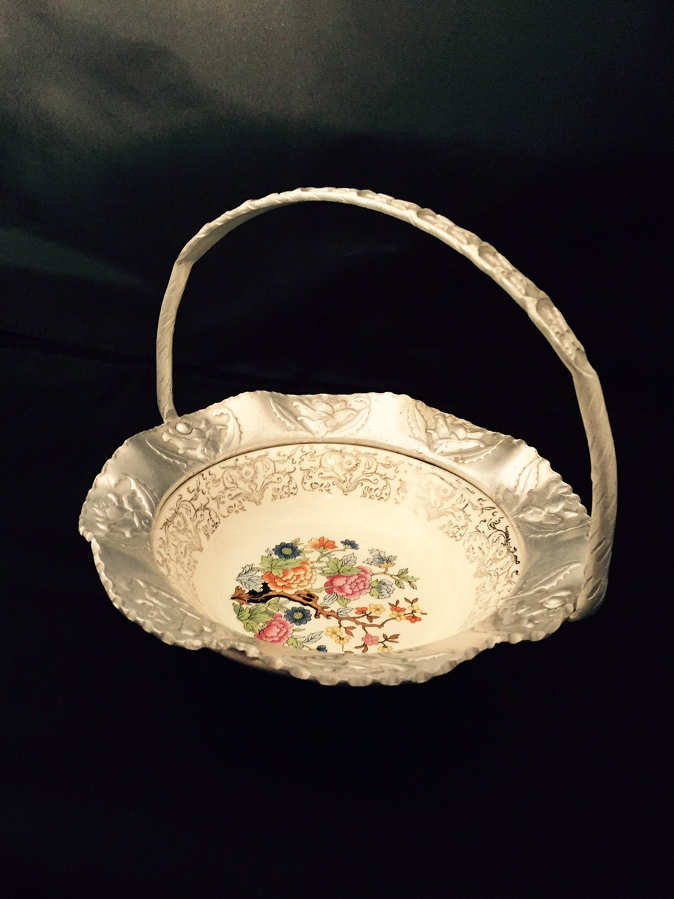 Hammered Aluminum Candy Dish Porcelain Insert 1940s Farber