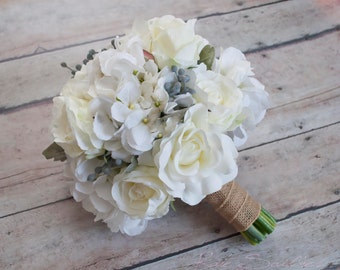 white rose and hydrangea wedding bouquet with silver brunia and dusty miller - Garden Rose And Hydrangea Bouquet white rose and hydrangea wedding bouquet with silver brunia and dusty miller - Garden Rose And Hydrangea Bouquet