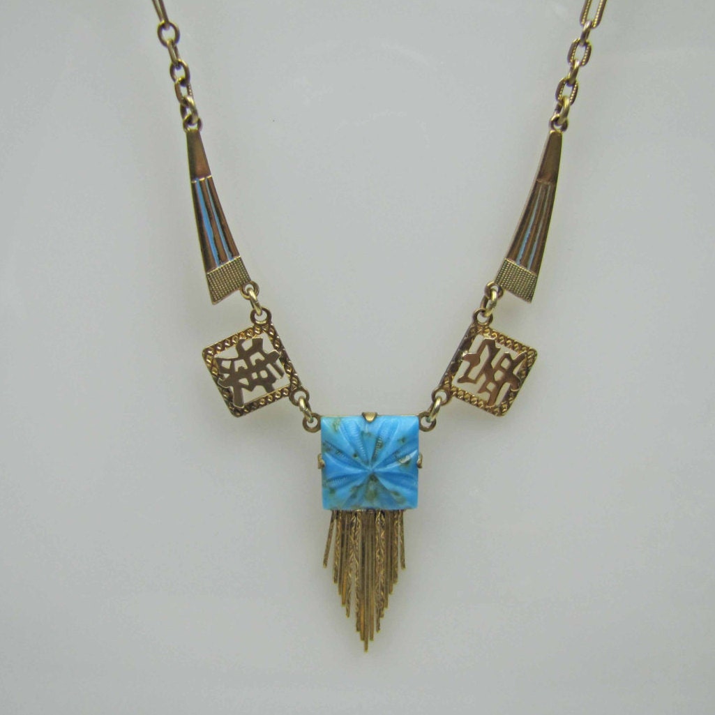 Art Deco Czech Gold Gilt Enamel Necklace With Turquoise Drop.