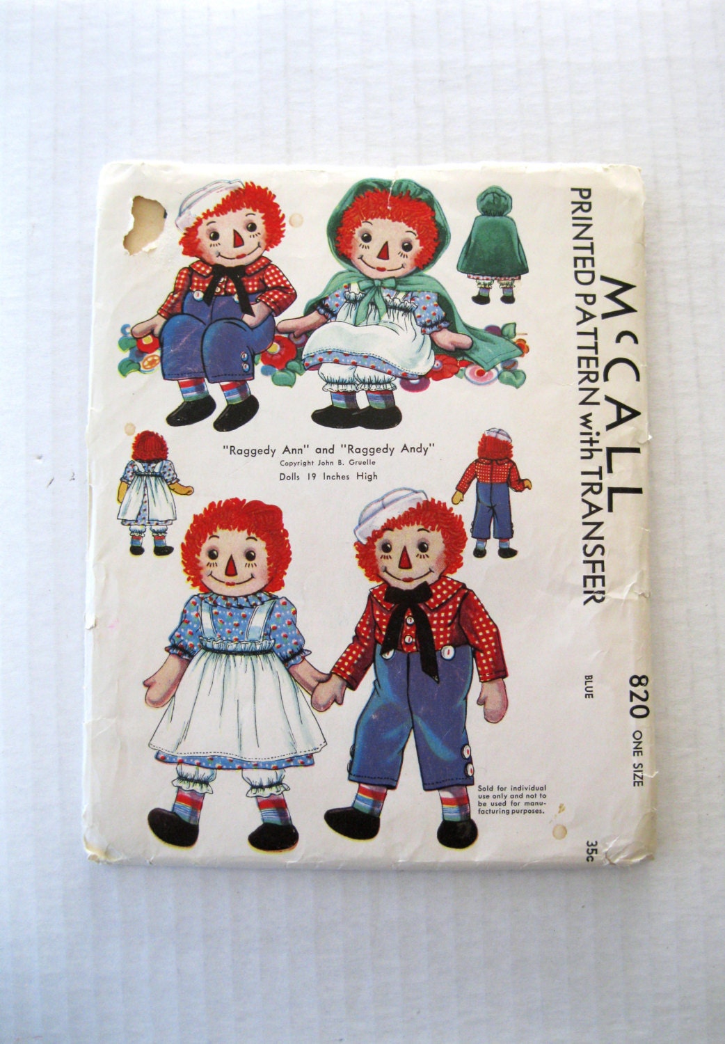 1940 Raggedy Ann and Andy Doll Pattern McCall 820 19 inch