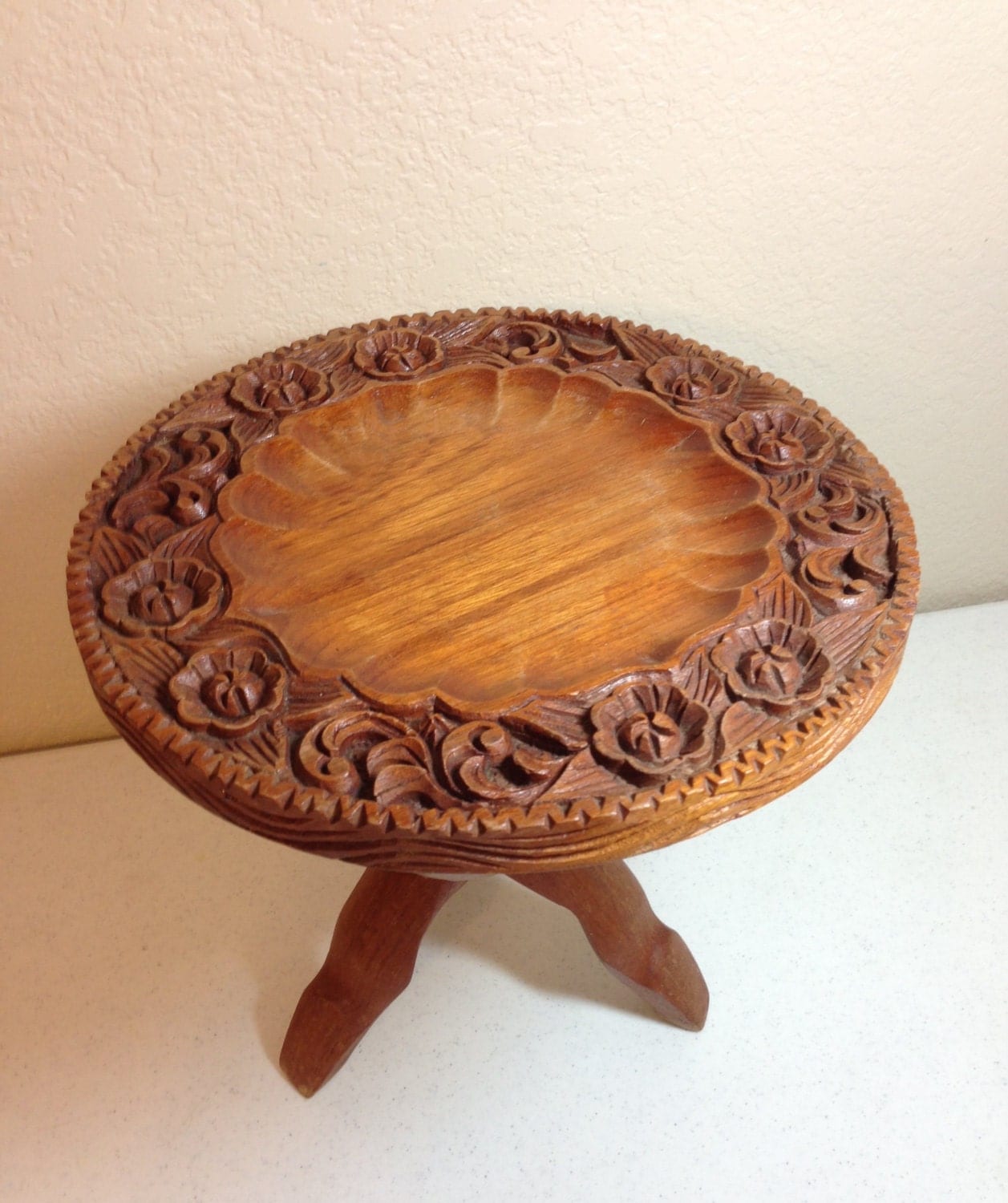 Vintage Small Hand Carved Wood Table with Fold Up Legs 12