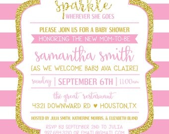 She Will Leave A Little Sparkle Wherever She Goes - Pink and Gold Baby Shower Invitation - Custom Colors - Digital Invitation
