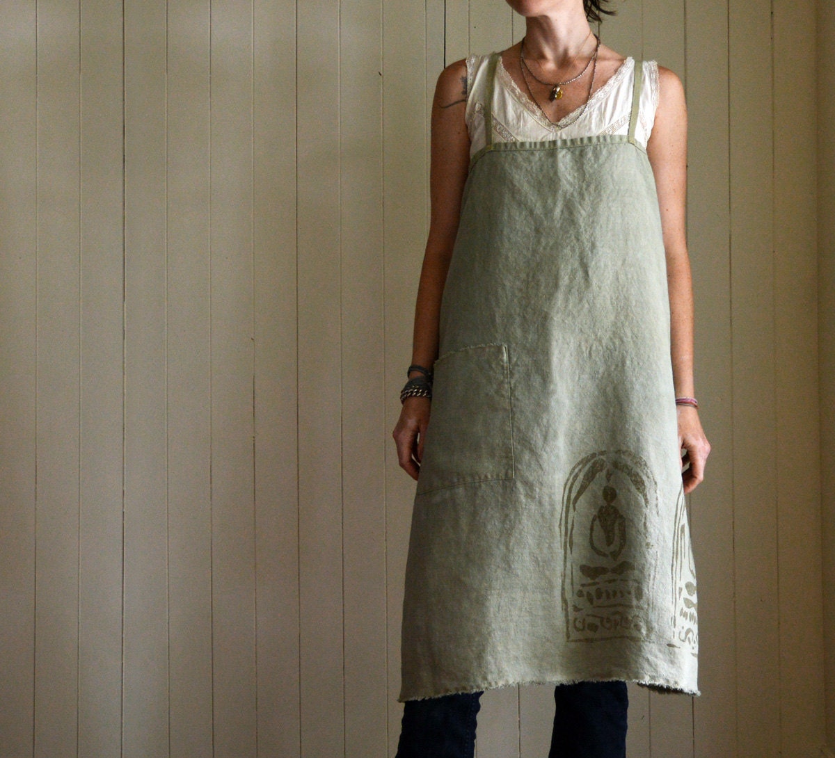 Olive Full Apron. Hemp Apron. Kitchen Smock. Rustic Textile.