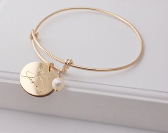 Actual handwriting personalized expandable bracelet with cultured pearl charm • Sterling silver or 14k gold filled bangle Memorial jewelry
