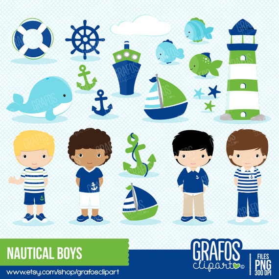 NAUTICAL BOYS - Digital Clipart Set, Nautical Clipart , Navy Clipart,Sea Clipart, Boat Clipart. Il_570xn