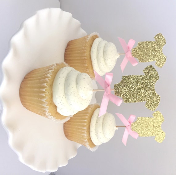 20 Gold Glitter Baby Shower One Piece Cupcake Topper with Pink
