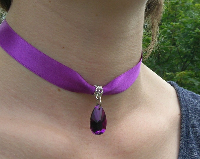 Purple satin choker with purple teardrop pendant and a width of 5/8” (pick your neck size) Ribbon Choker Necklace