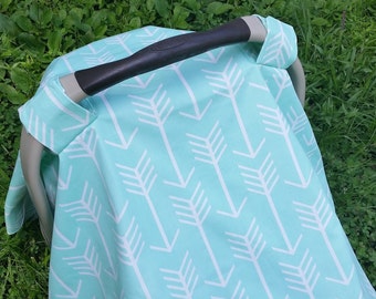 Baby Car Seat Cover in Modern Arrows in Mint // Baby Car Seat Canopy // Baby Car Seat Tent // Mint //Aqua Arrows Baby Car Seat Cover