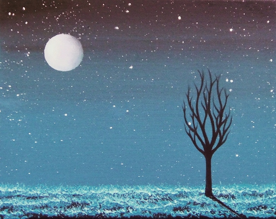 Dreamy Blue Night Sky Landscape Print Full Moon Art by BingArt