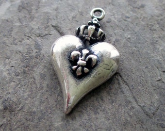 silver plated heart crown fleur de lis charm medal small pendant french royal valentine jewelry supply component