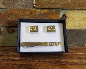 Personalized Tie Clip w/ Cuff Links Monogram- Silver Toned- Groomsmen- Gifts for Men- Fathers Day- Birthday- Groom (cut-15s)