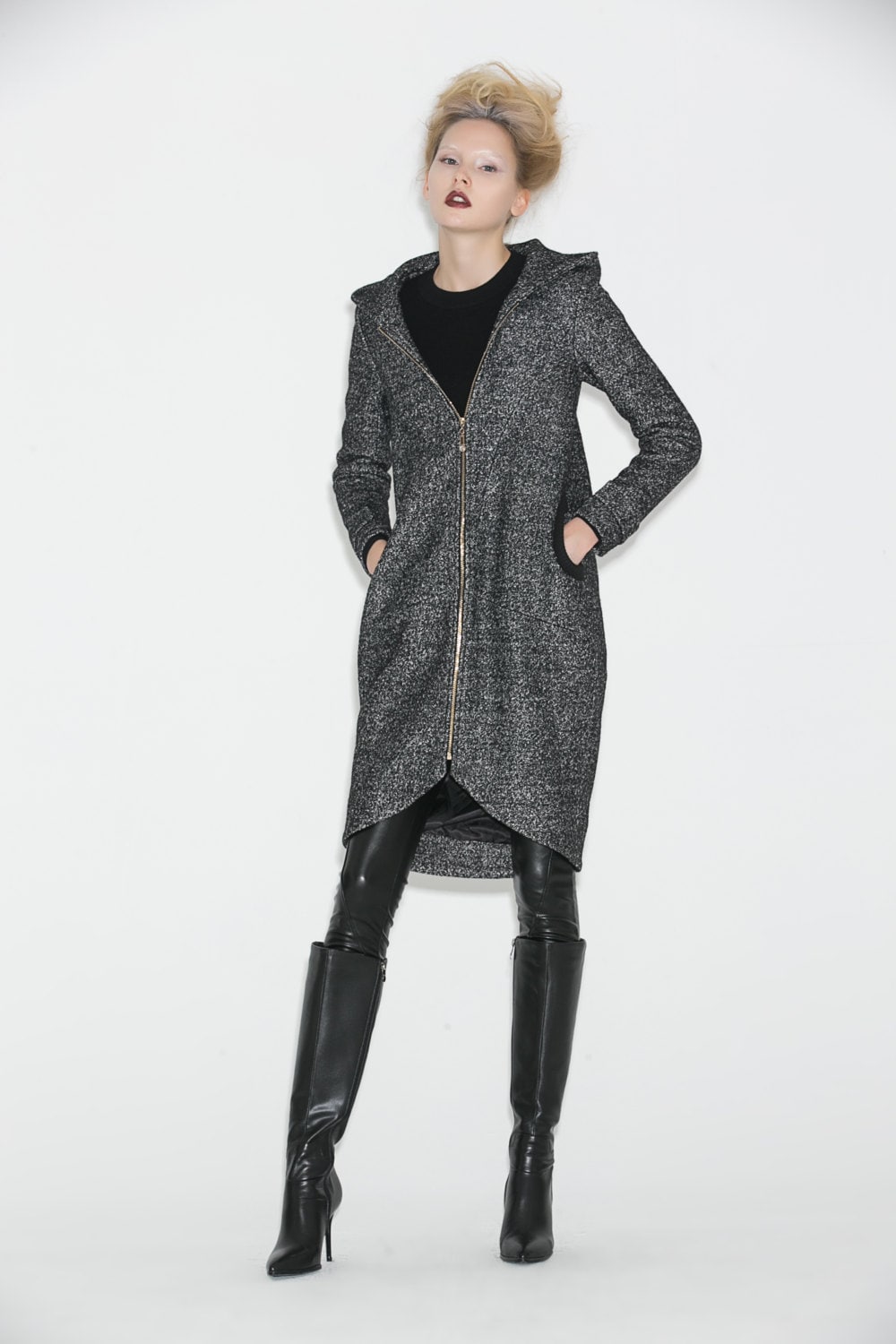 Hooded Winter Coat Gray Mid Length Womens Jacket Zipper