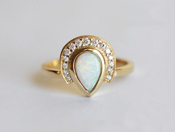 Opal Engagement Ring, Diamond Opal Ring, Pear Opal Ring, Unique ...