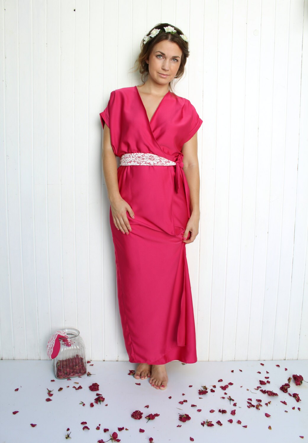 Long Pink Robe Fuchsia Satin Robe Bridal Pink Robe White