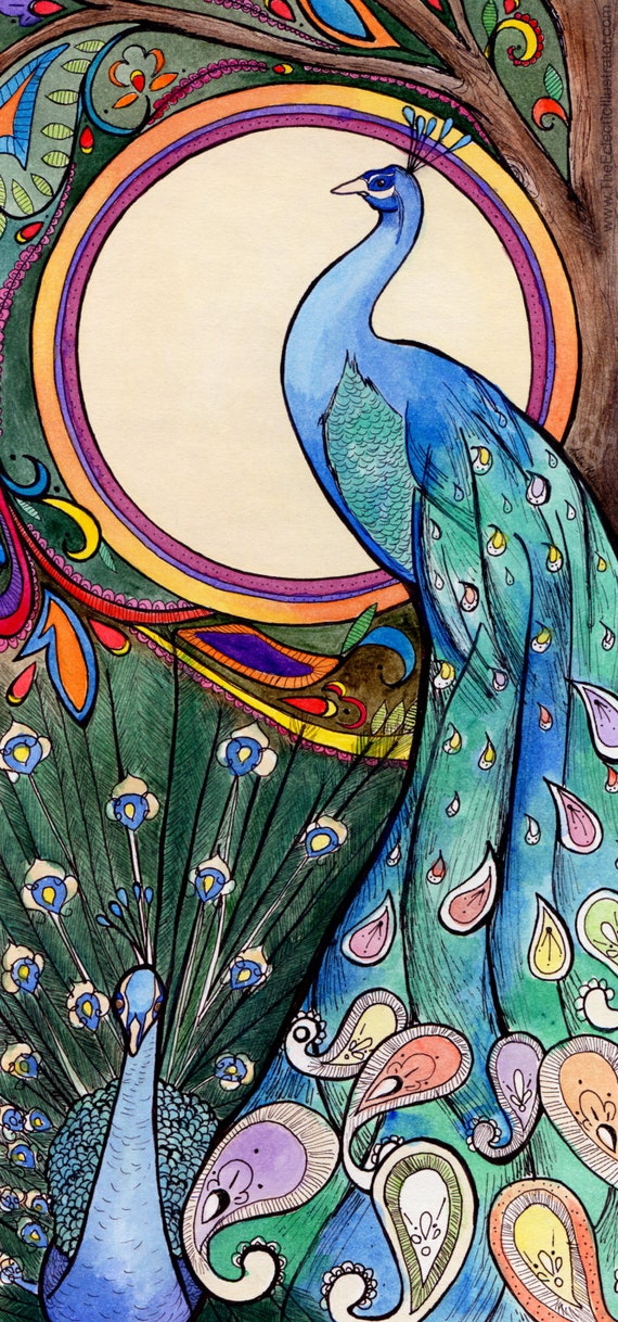 Peacocks Art Nouveau Watercolor and Pen and Ink Illustration