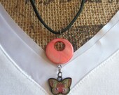 Retro Vintage Style Whimsical Pink Shell and Butterfly Pendant Necklace on Forest Green Suede Nature Jewelry