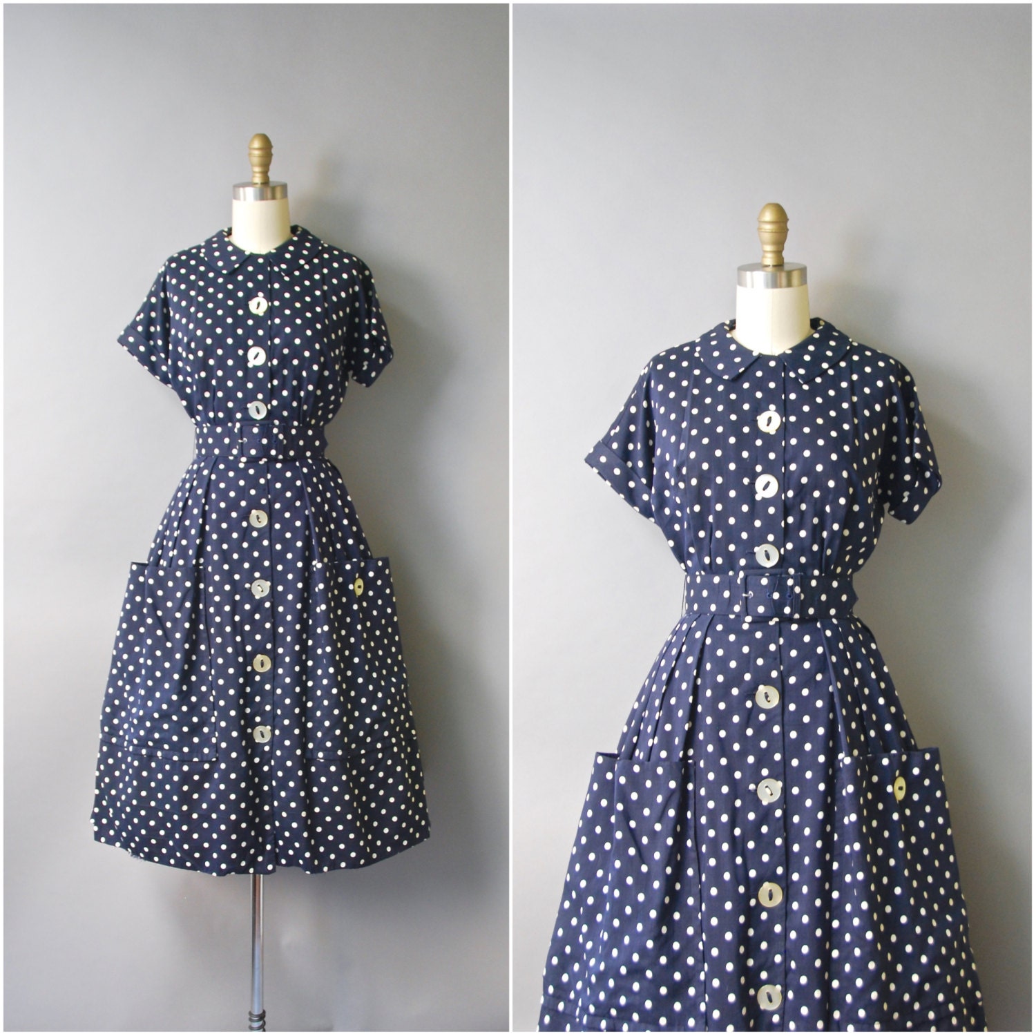 1950's Navy Polka Dot Dress//Cotton Shirtdress//50's