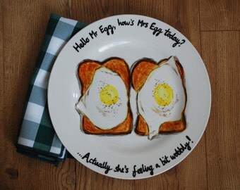 Fried Eggs on Toast Breakfast Fun Food Hand Painted Dinner Plate