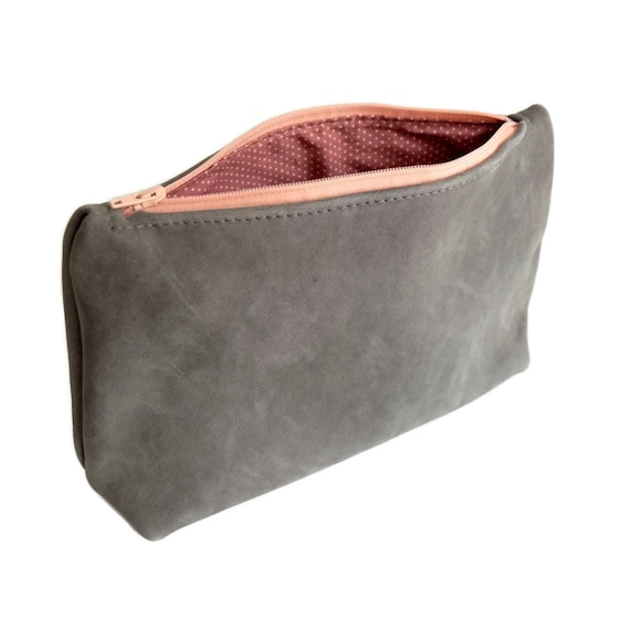 Grey leather zipper pouch Cosmetic bag Makeup case by