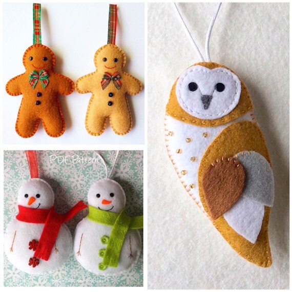 Set of 3 Felt Patterns Gingerbread Man Snowman and Barn Owl