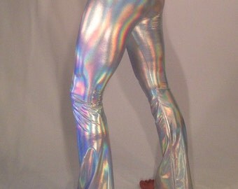 Men's Flare // Shiny Liquid Metal Electric Hologram Pants // Holographic Festival Pants