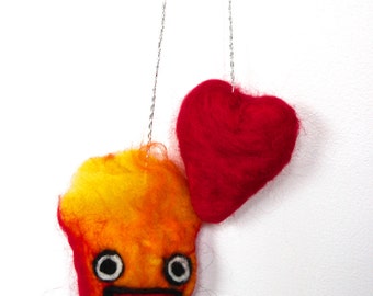 Needle Felted Calcifer with Howl's Heart Car Dangle // Howl's Moving Castle // Mirror Dangle // Fiber Art // Studio Ghibli