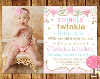 Twinkle Twinkle Little Star Birthday Invitation, Pink, Gold and Aqua Birthday Party Invitation, Gold Glitter Birthday Invitation with Photo