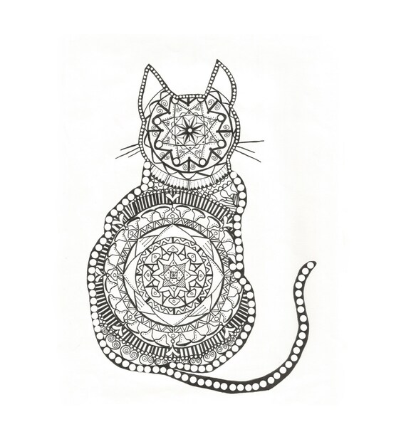 Original mandala Cat art pen and ink drawing by NaturalBornImages
