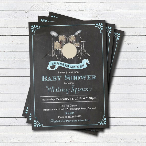 Drum set baby shower invitation. Boy girl gender neutral.