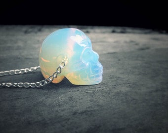 Crystal Skull Necklace // Holographic Opalite Skull // Opal Quartz Necklace // Realistic Human Skull // 90s Pastel Grunge Goth Boho Punk