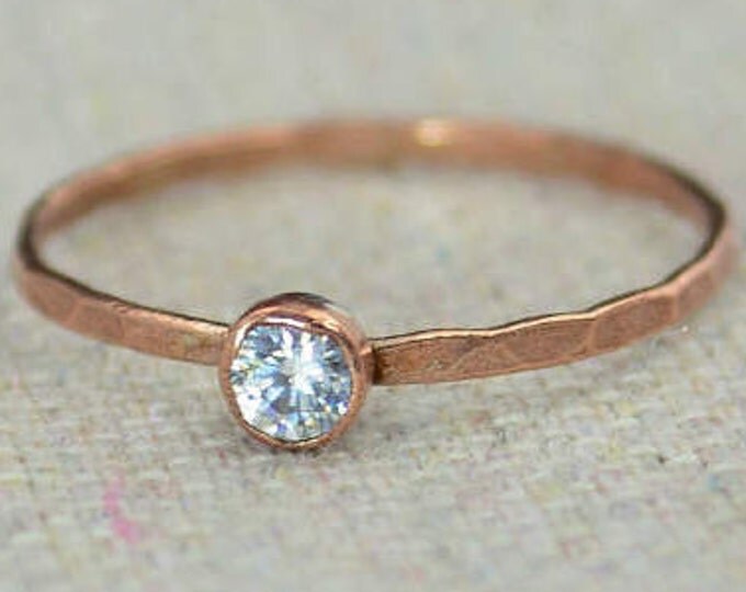 Dainty Copper CZ Diamond Ring, Hammered Copper, CZ Diamond Jewelry, CZ Diamond Mothers Ring, Aprils Birthstone, Copper Jewelry, Pure Copper