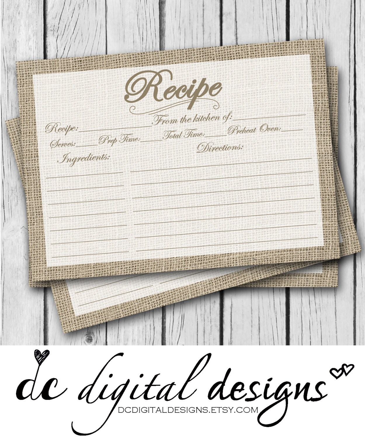 5x7 Recipe Card Burlap Front and Back Gift Printable