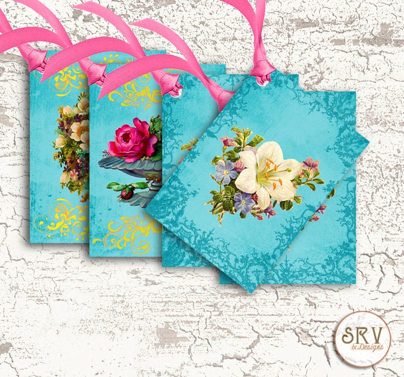 6 Flower Gift Tags Victorian Floral 2.5 x 3.5 Hang Tags