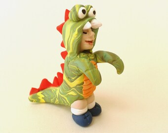 Miniature Halloween Figure, Boy in Dragon Costume, Halloween Monster Costume, Polymer Clay Figure, Trick or Treat, Halloween Dragon Ornament