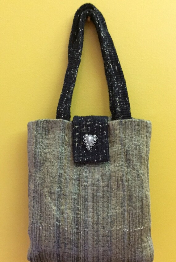 SALE! Little girl shiny tote or big girl evening bag, gold and black with decorative button and snap closure.