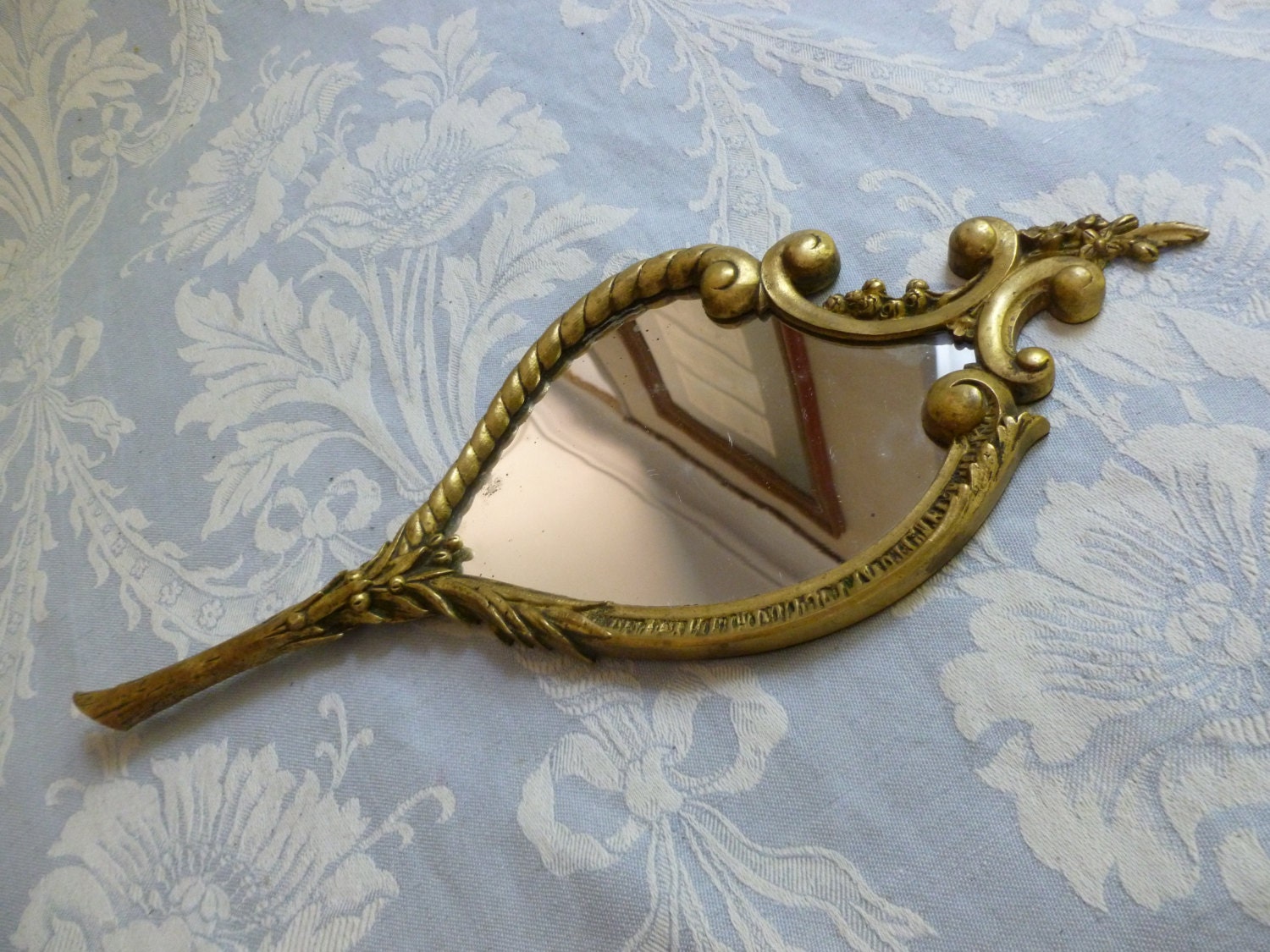 Antique hand mirror French brass 1895 by MyVintageFrenchHouse