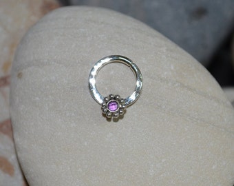 2mm Amethyst NIPPLE RING 14g // Silver Flower Nipple Piercing - Cartilage Hoop - Tragus Ring - Septum Jewelry 14g - Amethyst Septum Ring
