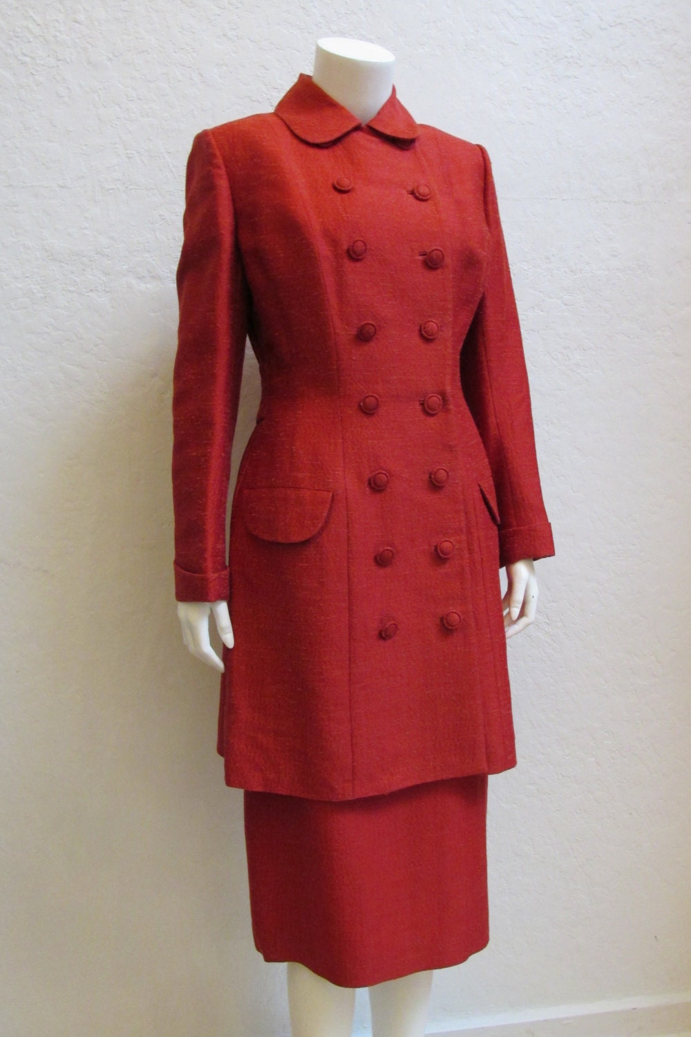 1950's Lilli Ann Red Raw Silk Walking Suit/Skirt and