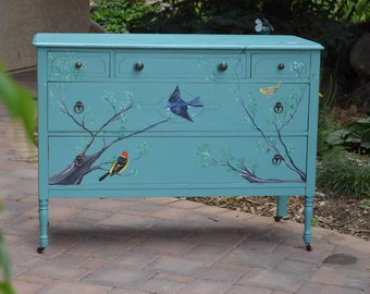 Hand Painted by Me Bird Dresser: Backyard Songbirds Bluebird, Swallow, Tanager, Warbler, Antique Turquoise Dresser, Wood, Dovetailed Drawers